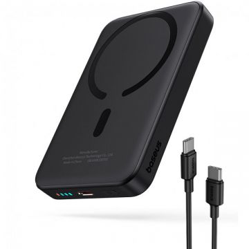 BASEUS Baterie Externa Wireless Baseus Magnetic Mini, 10000mAh, 20W, PD + FQI, 1 x QI - 1 x USB-C, Neagra P10059001113-00