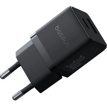 BASEUS Incarcator retea Baseus Palm, Quick Charge 30W, 1x USB, 1x USB-C, Black + cablu USB Type-C la USB Type-C 1m