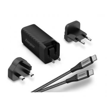 Energizer Incarcator retea PowerDelivery Energizer Universal, 65W, 1 USB A + 1 USB C, Cablu Type C to Type C inclus, Negru (US, UK, EU)
