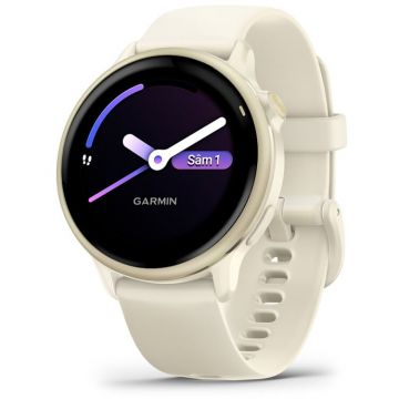 GARMIN Ceas Garmin vívoactive 6 display AMOLED, memorie 8GB, autonomie pana la 11 zile, rezistant la apa, rama Lunar Gold cu curea Bone, carcasa Light Sand si curea din silicon