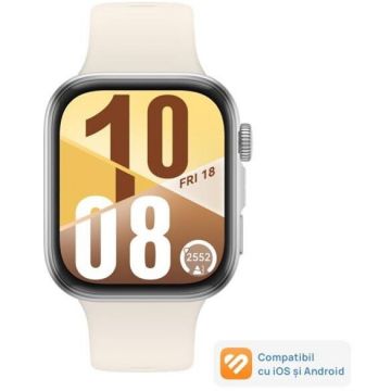 Huawei Smartwatch HUAWEI Watch Fit 4, Ecran AMOLED 1.82 inch, Bluetooth, 5 ATM, Curea Fluoroelastomer, Alb