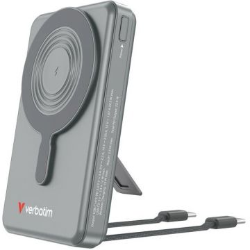 Verbatim Baterie externa portabila magnetica Verbatim 10.000mAh C'n'G, incarcare wireless, 2 cabluri USB-C si suport, Gri