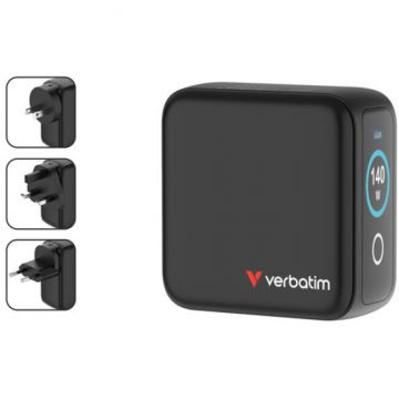 Verbatim Incarcator Verbatim 30240 Mini GaN cu afisaj, 140W, 3 porturi USB-C, 1 port USB-A, Negru