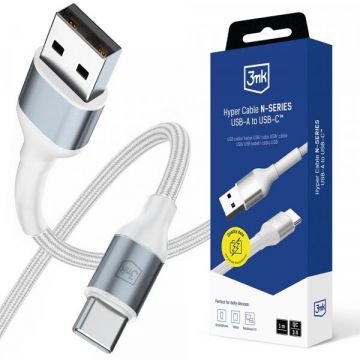 3MK Cablu Date si Incarcare USB-A - USB-C 3MK Hyper N, 18W, 1m, Alb