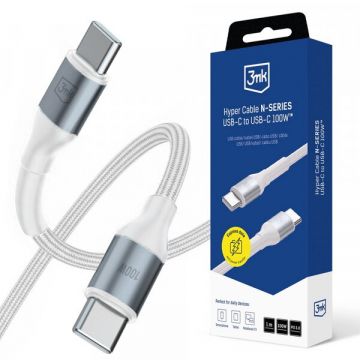 3MK Cablu Date si Incarcare USB-C - USB-C 3MK Hyper N, 100W, 1m, Alb