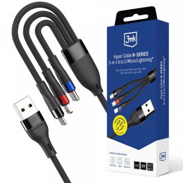 3MK Cablu Incarcare USB-A - Lightning / microUSB / USB-C 3MK Hyper N, 18W, 1.2m, Negru