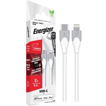 Energizer Cablu de date Energizer, USB-C la Lightning, Power Delivery 18W, compatibil Apple, lungime 2m, Alb
