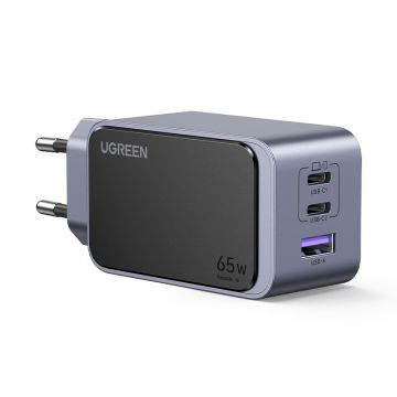 RESIGILAT-Incarcator rapid retea UGREEN Nexode S 65W 3-Port GaN Fast Charger EU, 2x USB-C + 1x USB-A, Gri