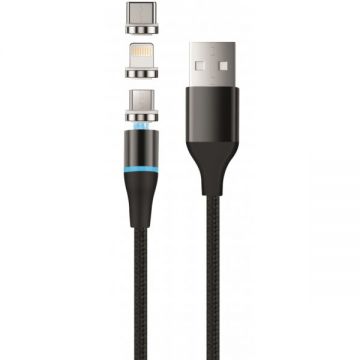 Setty Cablu Incarcare USB-A - Lightning / microUSB / USB-C Setty Magnetic DT 3in1, 12.5W, 1m, Negru