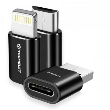 techsuit Adaptor Date si Incarcare USB-C - Lightning / microUSB / USB-A Techsuit A19 TriFlashX 3in1, Negru
