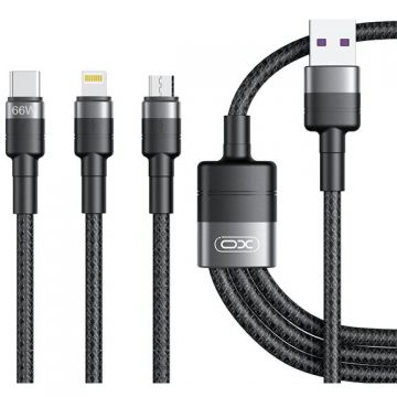 XO&nbsp;Design Cablu Incarcare USB-A - Lightning / microUSB / USB-C XO Design NB-Q191 3in1, 66W, 1.2m, Negru