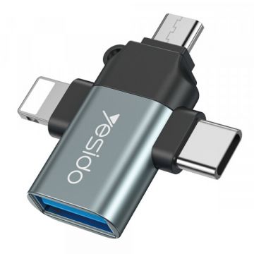Yesido Adaptor OTG Lightning / microUSB / USB-C - USB-A Yesido GS15, Negru