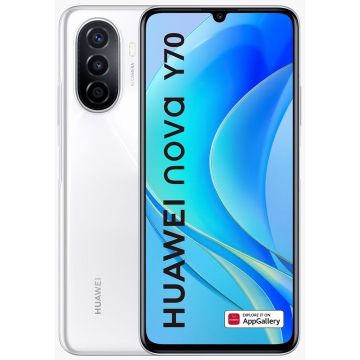 Telefon Mobil Huawei nova Y70, Procesor Kirin 710A, Octa-Core, TFT LCD Capacitive touchscreen 6.75inch, 4GB RAM, 128GB Flash, Camera Tripla 48 + 5 + 2MP, 4G, Wi-Fi, Dual SIM, EMUI 12 (Alb)