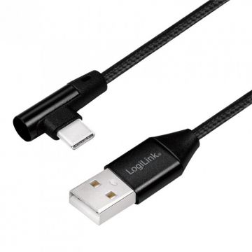 Cablu pt. smartphone, USB 2.0 (T) la USB 2.0 Type-C (T) la 90 grade, 1m, premium, cablu cu impletire din bumbac, negru