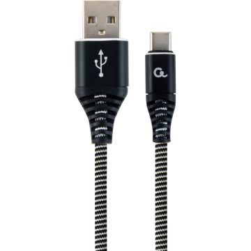Premium cotton braided Type-C USB charging and data cable, 1 m, black/white